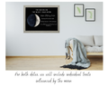 Framed artwork of a moon with text on a wall above a sofa.