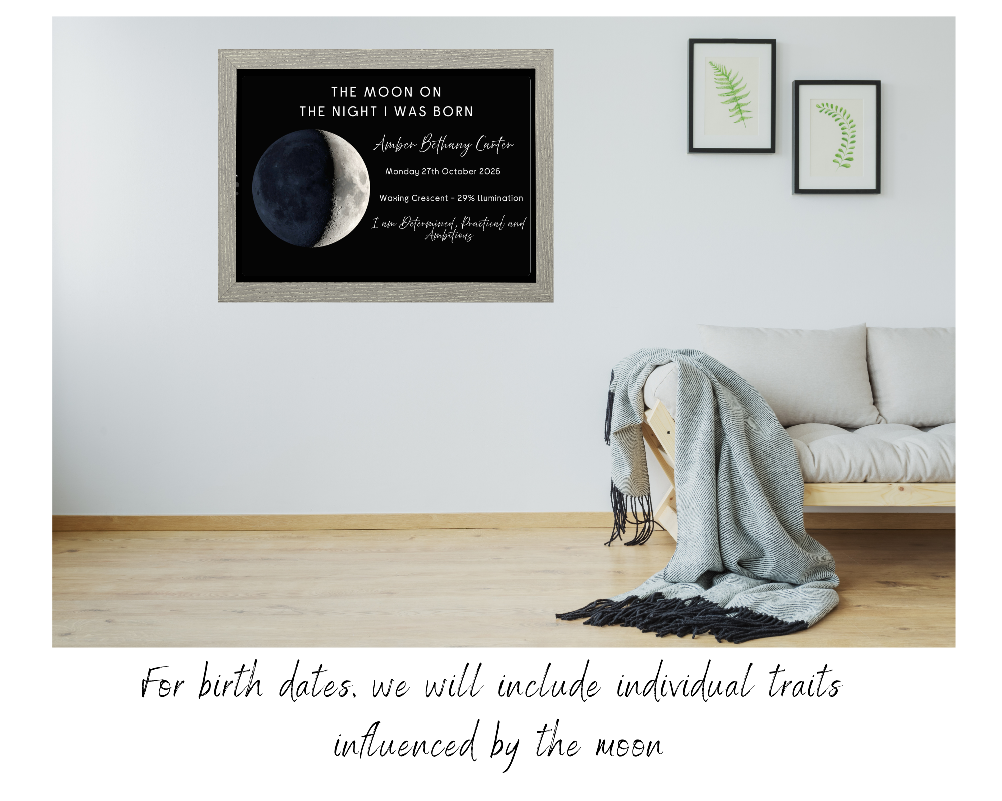 Framed artwork of a moon with text on a wall above a sofa.