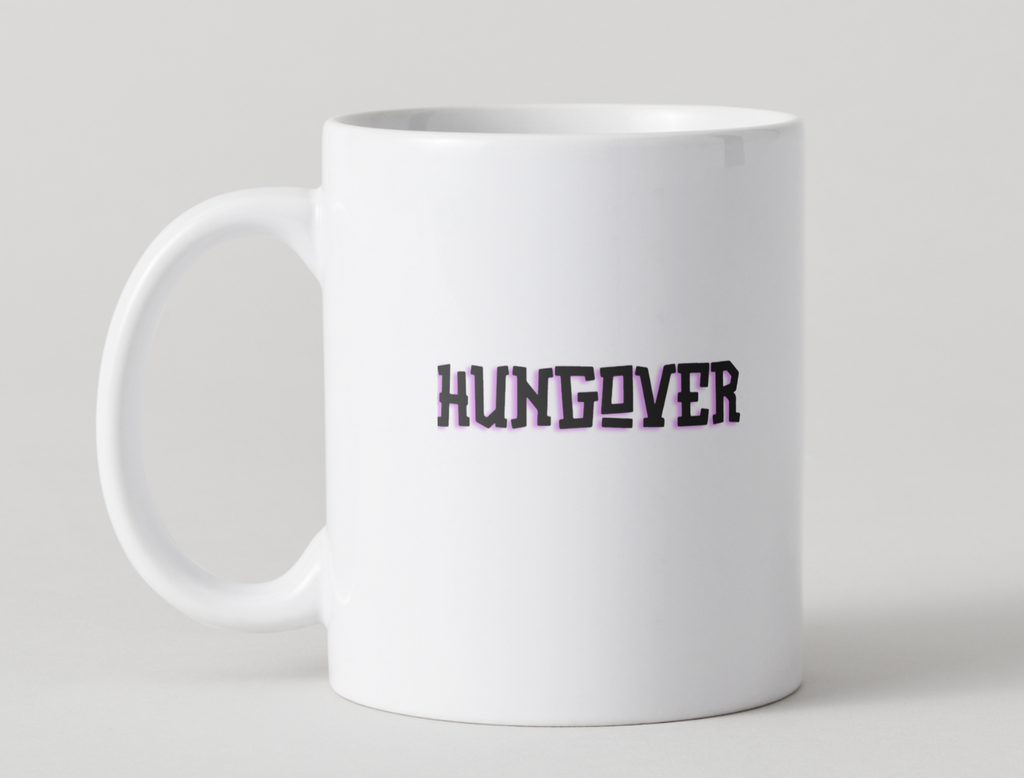 White mug with 'HUNGOVER' text on a light gray background