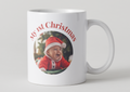 White mug with a photo of a baby wearing a Santa hat and 'My 1st Christmas' text on a white background