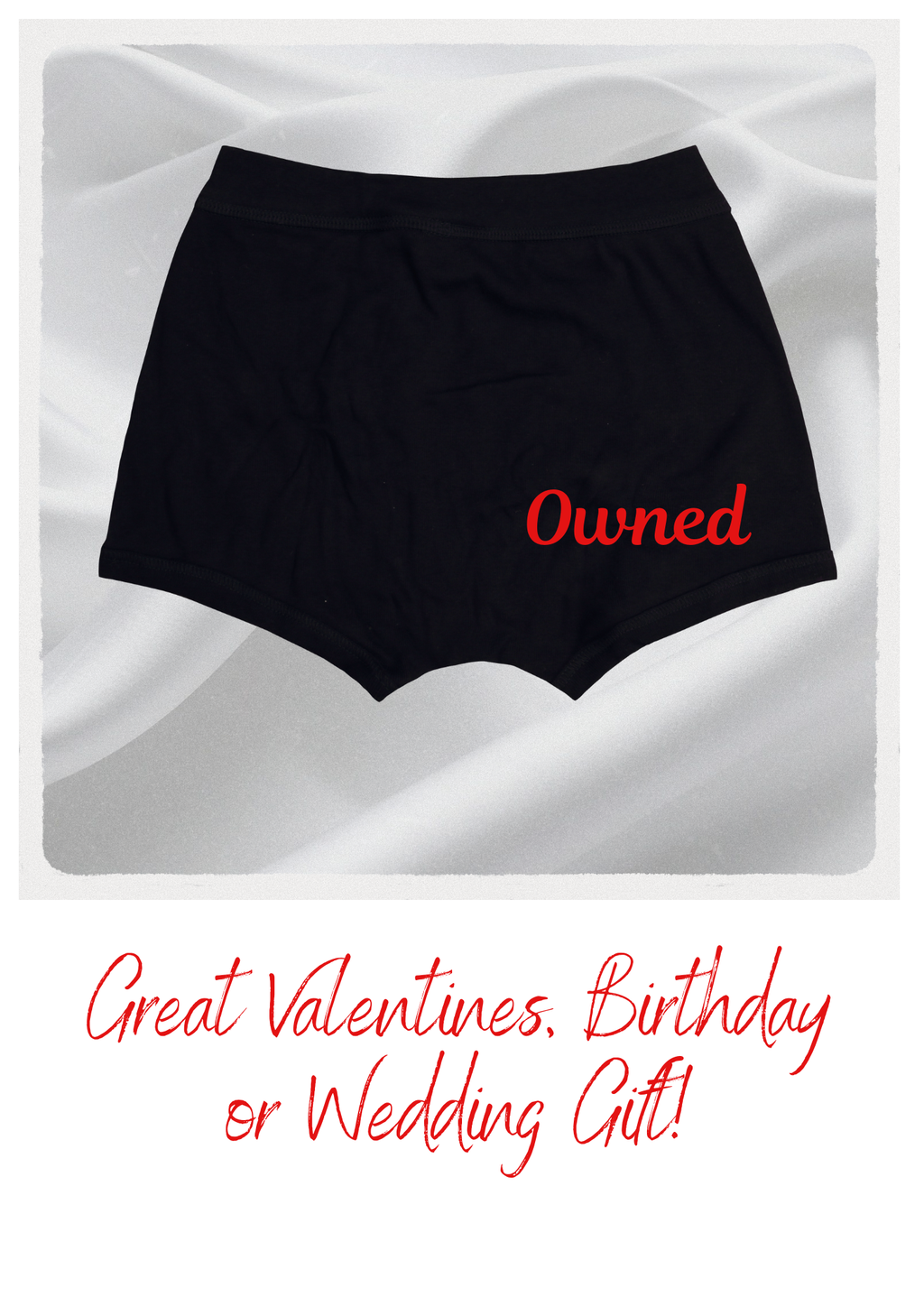 Black shorts with 'Owned' text on a white fabric background, promotional text at the bottom.