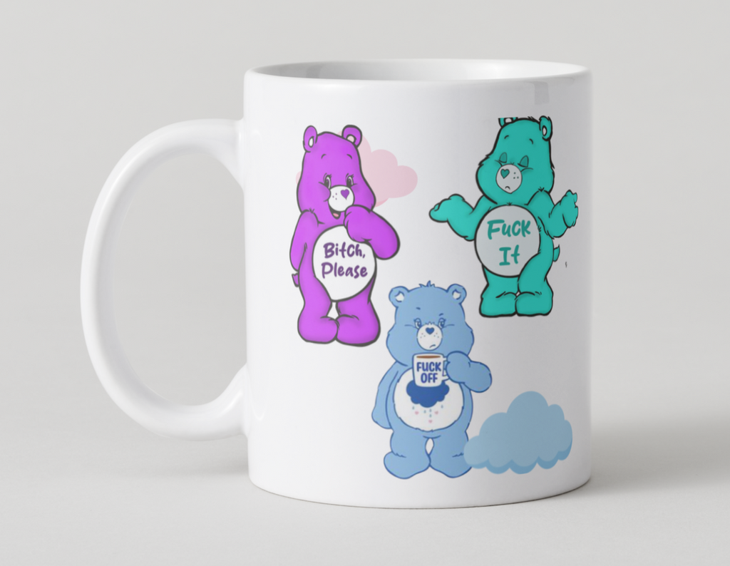 Mug with cartoon bears featuring inappropriate text on a white background