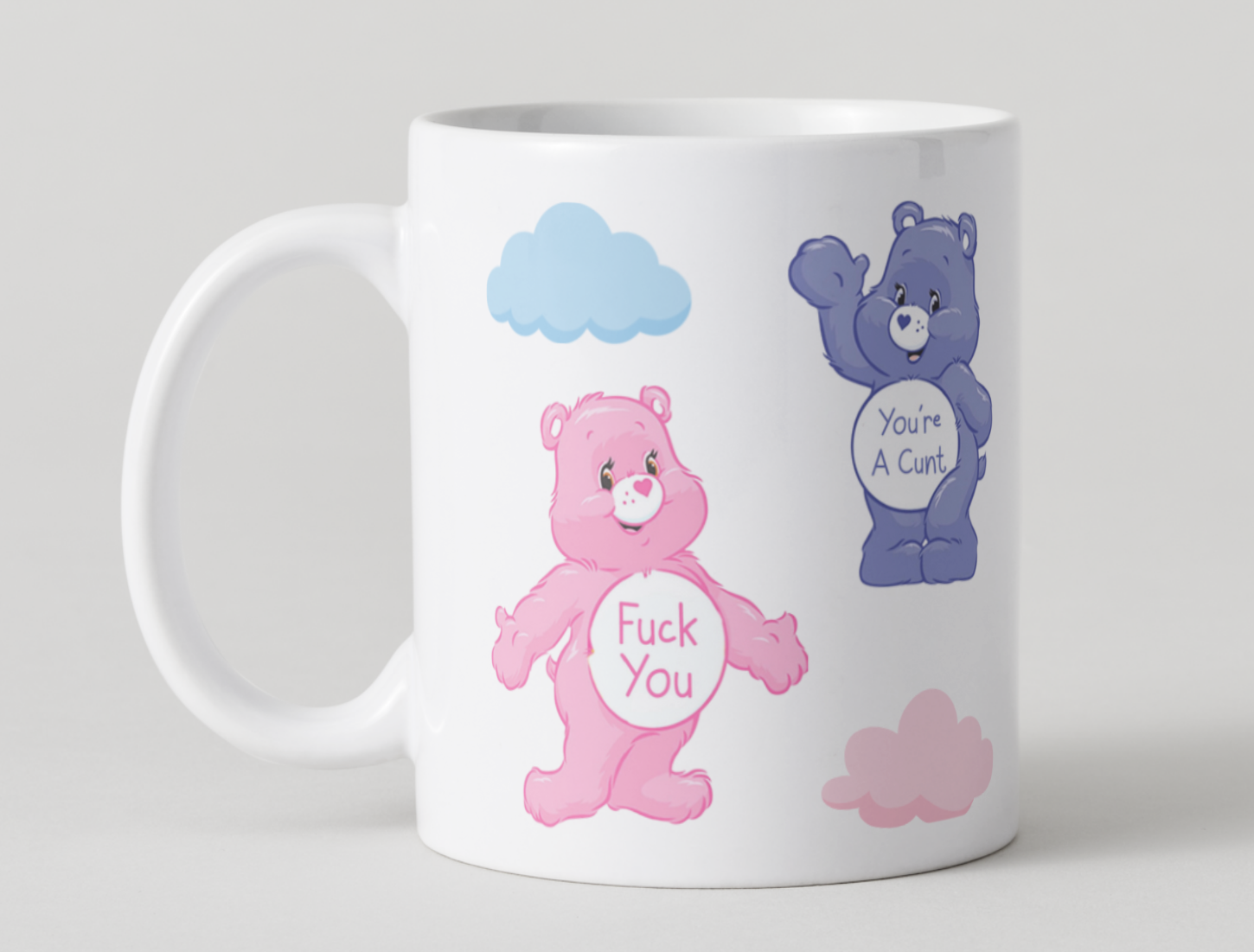 Mug with cartoon bears and text on a white background