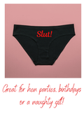 Black underwear with 'Slut!' printed on it against a pink background, with promotional text below.