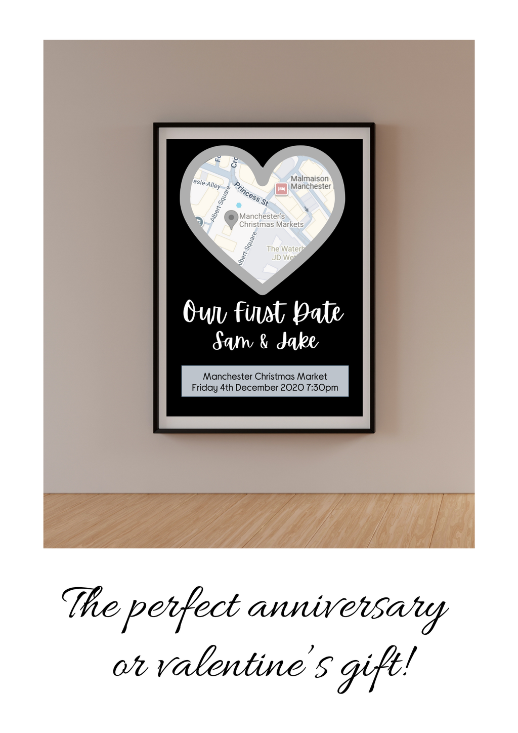 Framed map of a location with text 'Our First Date Sam & Jake' on a beige wall.