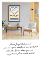 Framed heart-shaped map in a modern living room with decorative elements.