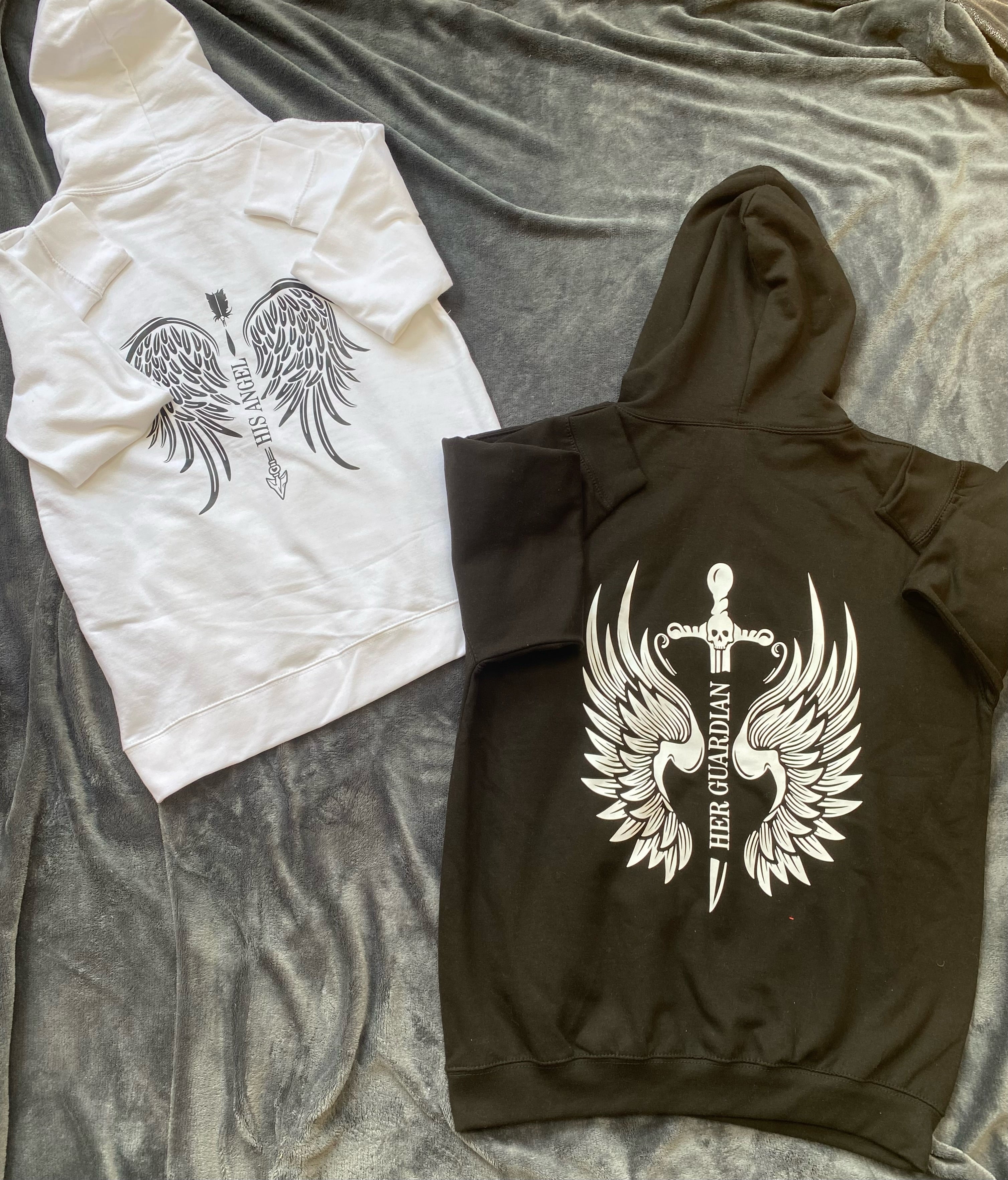 Couples Her Guardian His Angel Matching Hoodies and T Shirts S Black