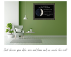 Modern interior with a green wall, gray chair, and framed artwork of a moon and text.