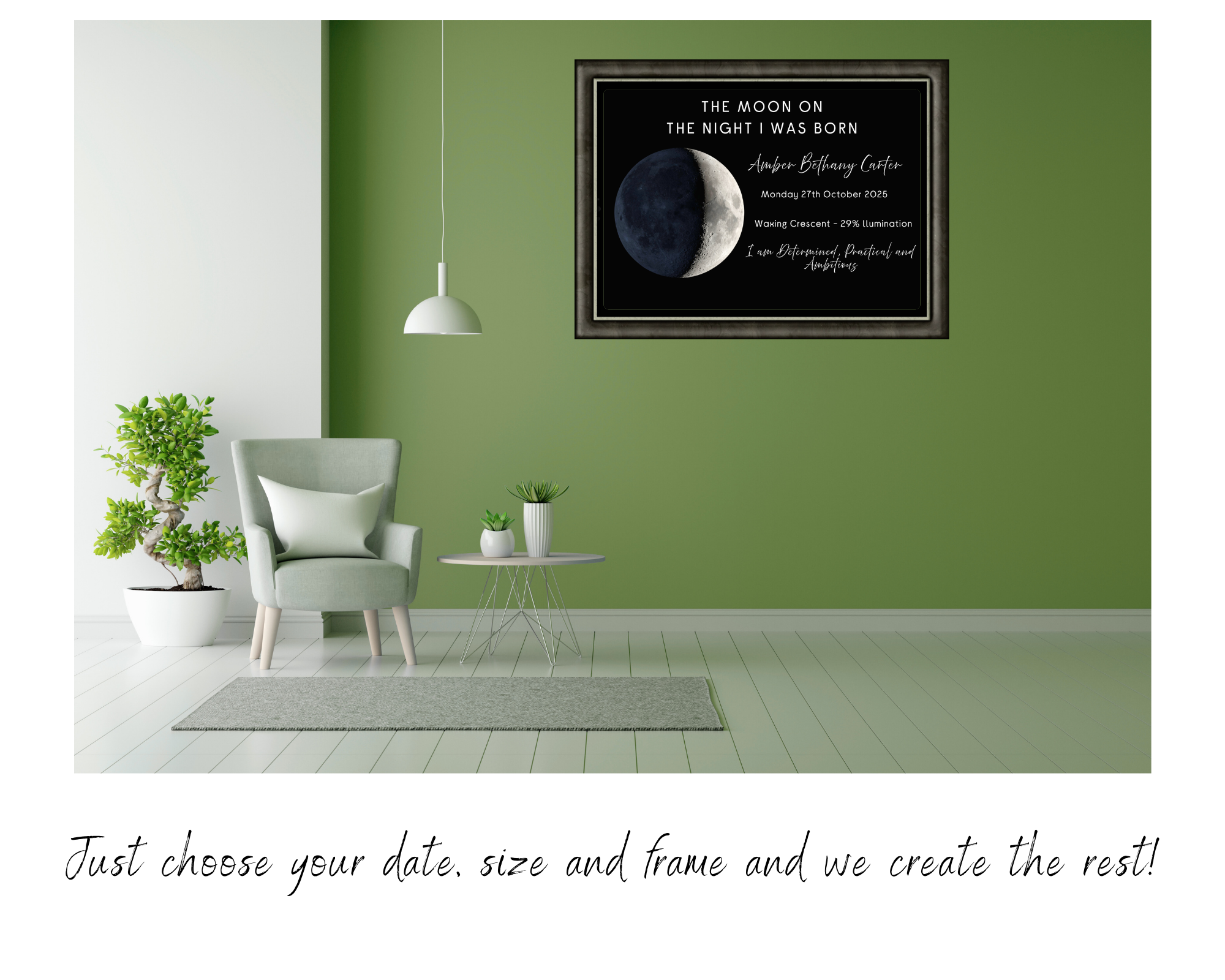 Modern interior with a green wall, gray chair, and framed artwork of a moon and text.