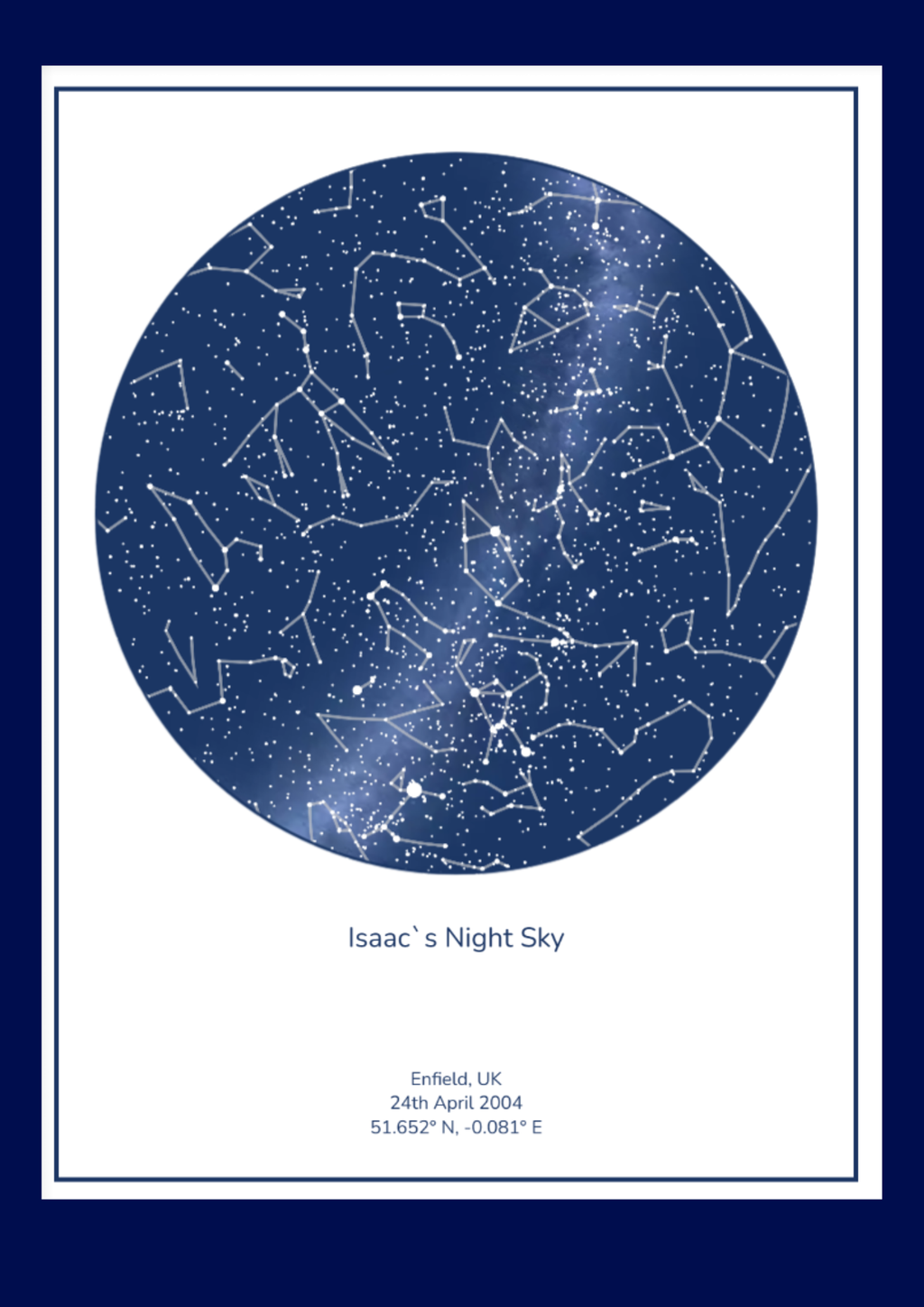 Map of constellations on a blue background with text at the bottom