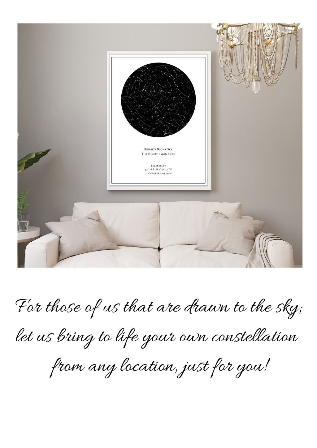 Framed star map poster on a wall above a sofa with decorative text below.