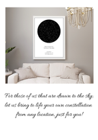 Framed star map poster on a wall above a sofa with decorative text below.