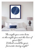 Framed star map poster on a wall above a bed with a nightstand and lamp.